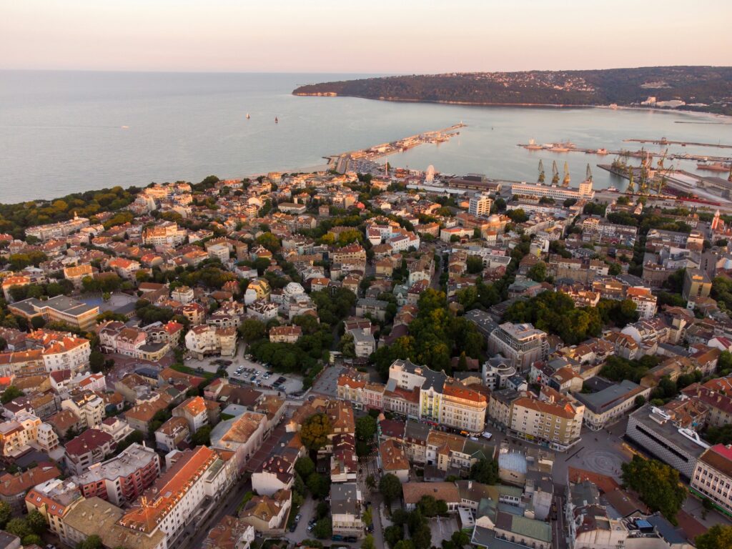 aerial view of the beautiful city of Varna at sunset, Bulgaria