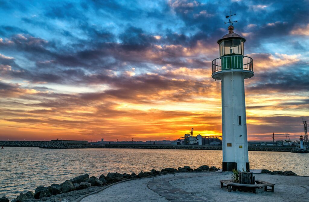 Lighthouse at sunset in the harbor of Burgas, Bulgaria