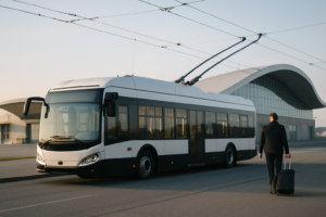Elektrický trolejbus u terminálu Letiště Brno-Tuřany, ilustrační foto nové linky 21